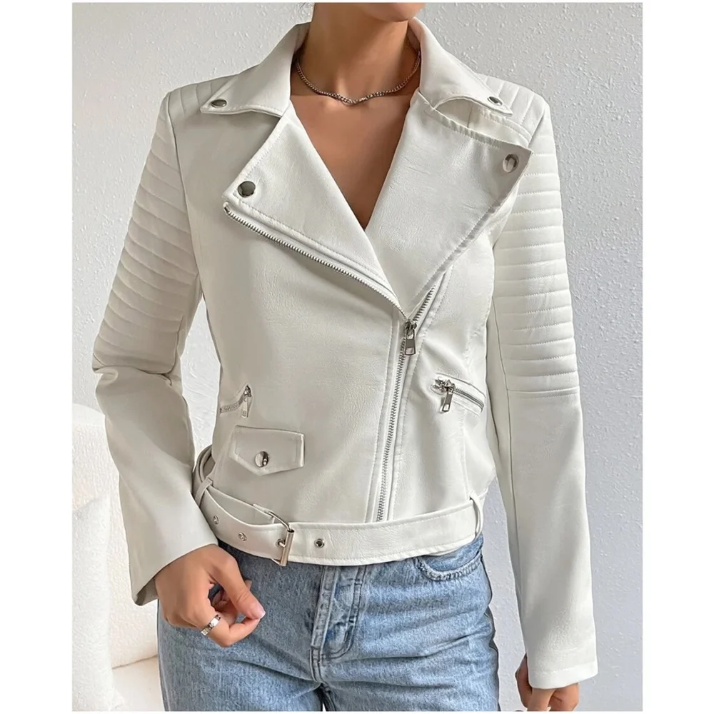 Luxe Vegan Leather Moto Biker Zipper Jacket - Picture 5 of 9